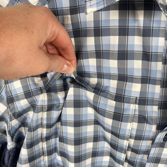 REI Blue Gray Plaid Check Print Short Sleeve Button Up Gorpcore Shirt Size Large - Picture 4 of 7